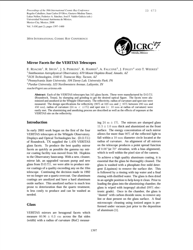 cover of a technical paper titled "Mirror Facets for VERITAS telescopes"