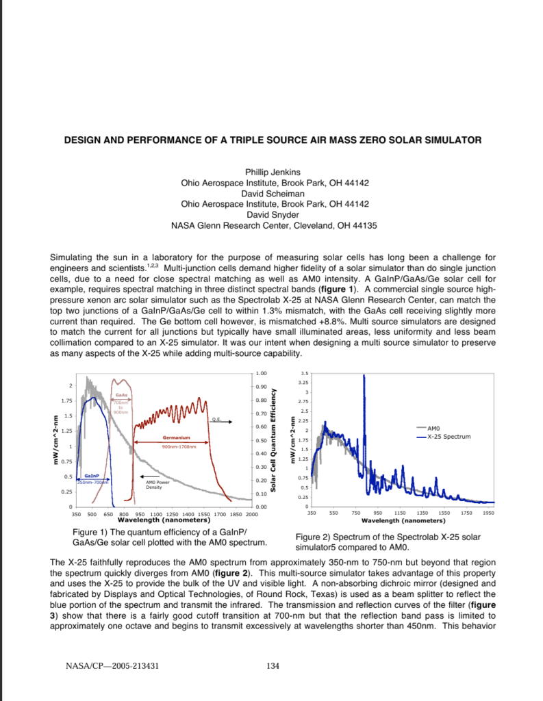 Cover of a technical paper by NASA titled "Design and Performance of a Triple Source Air Mass Zero Solar Simulator"